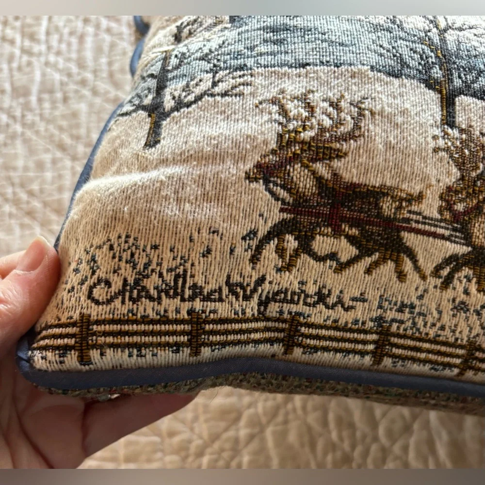 VTG 1986 Tapestry Charles Wysocki Pillow Winter Scene w/Santa & Reindeer FolkArt